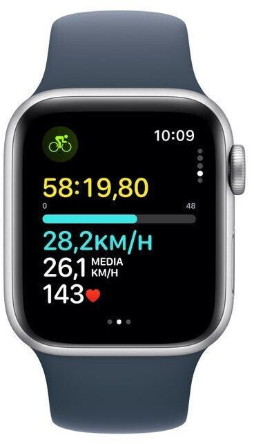 Apple Watch SE 2022 4G 40mm Silber - Sportarmband Sturmblau S/M, GPS, LTE, Herzfrequenzsensor