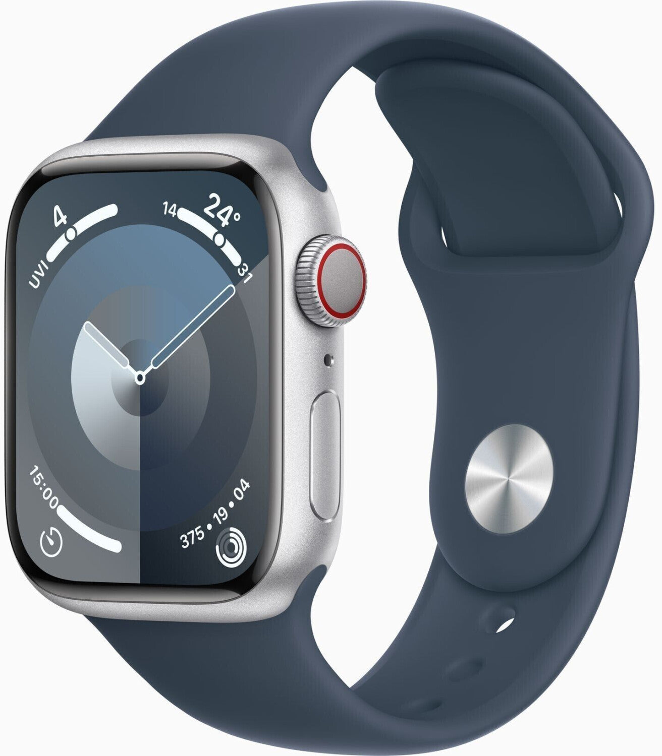 Apple Watch Series 9 4G 41mm Aluminium Silber - Sportarmband Sturmblau M/L, GPS, LTE, 18h Akkulaufzeit