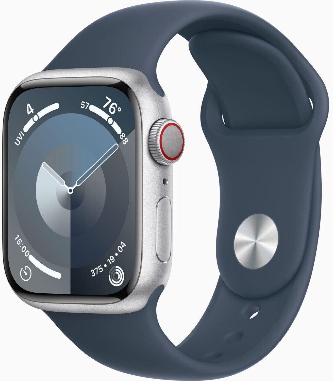 Apple Watch Series 9 4G 45mm Aluminium Silber - Sportarmband Sturmblau M/L, GPS, LTE, 18h Akkulaufzeit