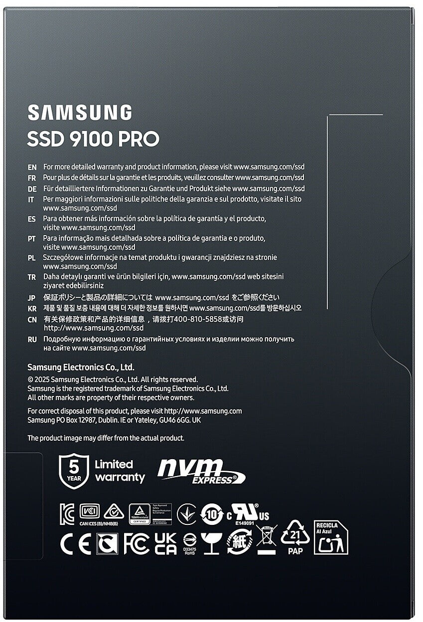 Samsung 9100 Pro 2TB | PCIe 5.0 x4 | NVMe M.2 | 14.700 MB/s Lesen | 13.400 MB/s Schreiben | 2GB Cache | V-NAND TLC | PS5-kompatibel